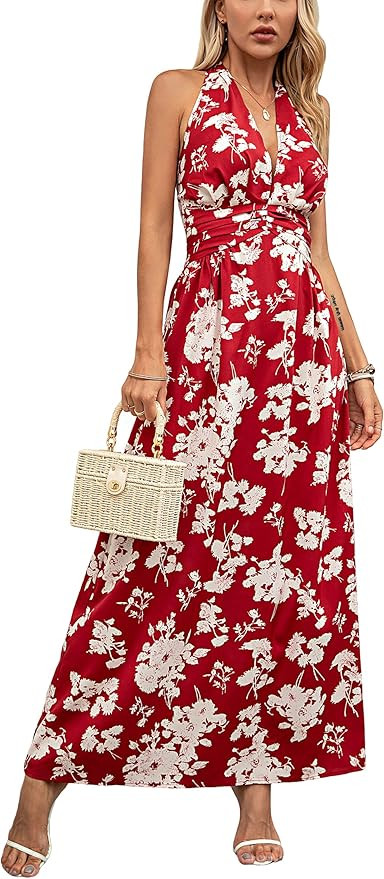 Kormei Women's Boho Floral Strap V Neck Halter Sleeveless A line Plain Smocked Summer Beach Party... | Amazon (US)