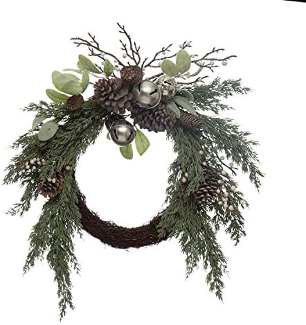 Faux Juniper and Mixed Evergreen Wreath with Silver Jingle Bells, Pinecones and Berries | Amazon (US)