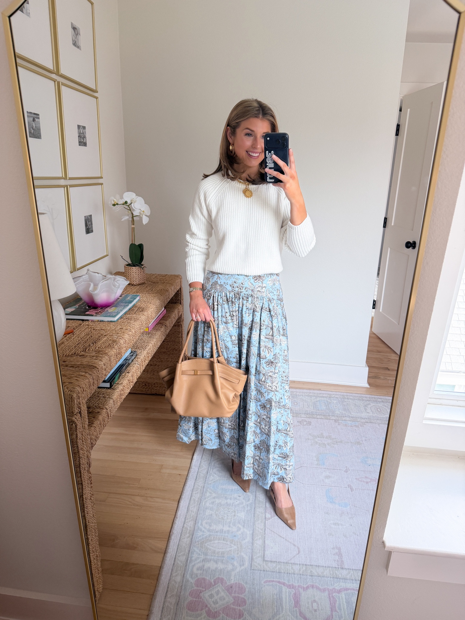 Spring outfit idea for work or church! Wearing a S in sweater and 4 in skirt