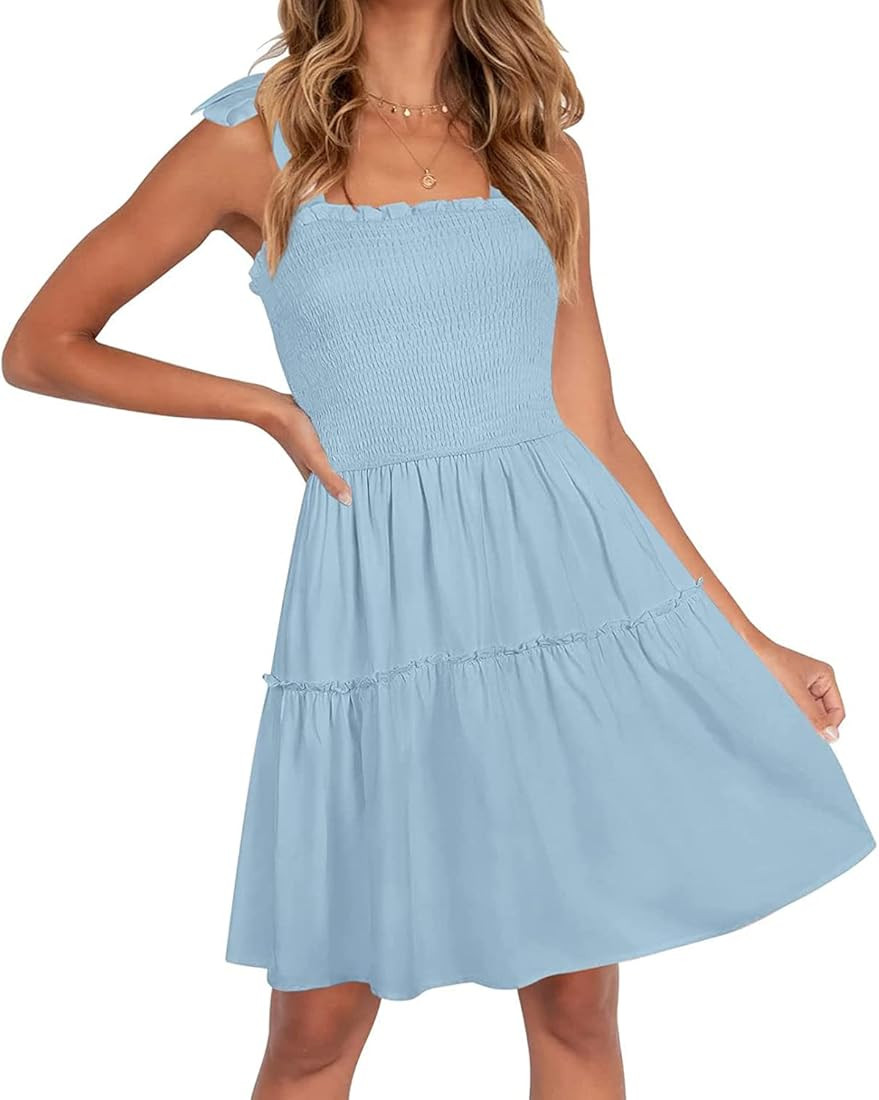 ZESICA Women's 2023 Summer Spaghetti Strap Sleeveless Square Neck Ruffle A Line Swing Mini Dress | Amazon (US)