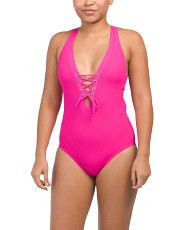 Ribbed Lace Up One-Piece Swimsuit | TJ Maxx