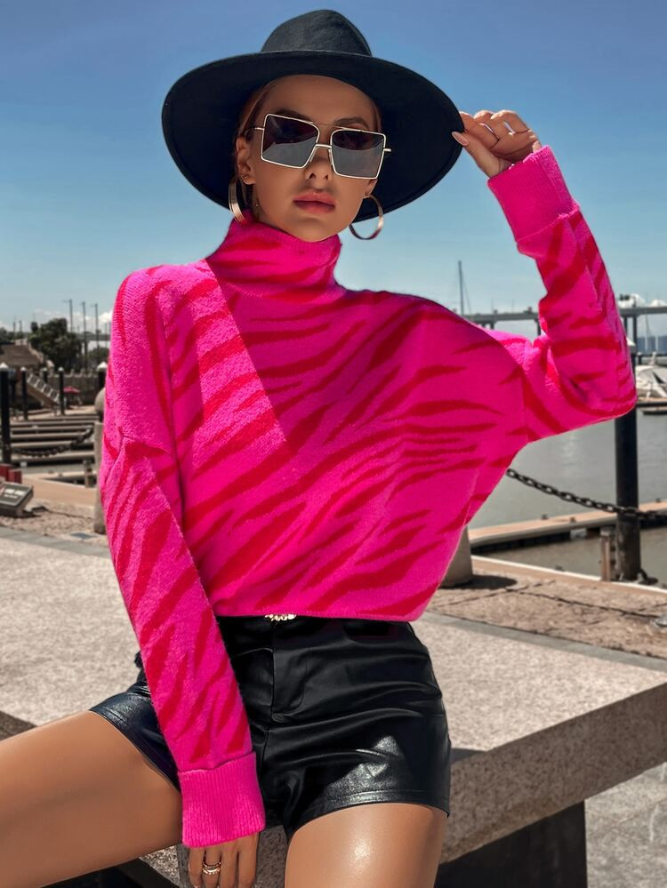 Knit Mix Zebra Striped Pattern High Neck Drop Shoulder Sweater | SHEIN