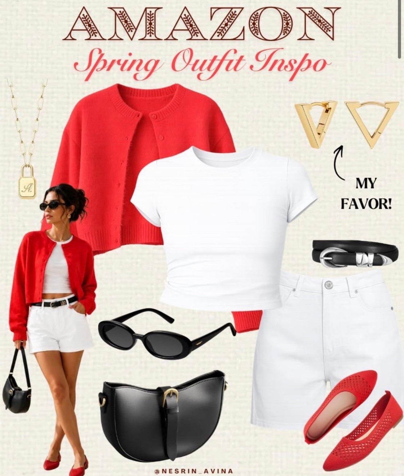 white straight shorts
red flats 
sunglasses. accessories