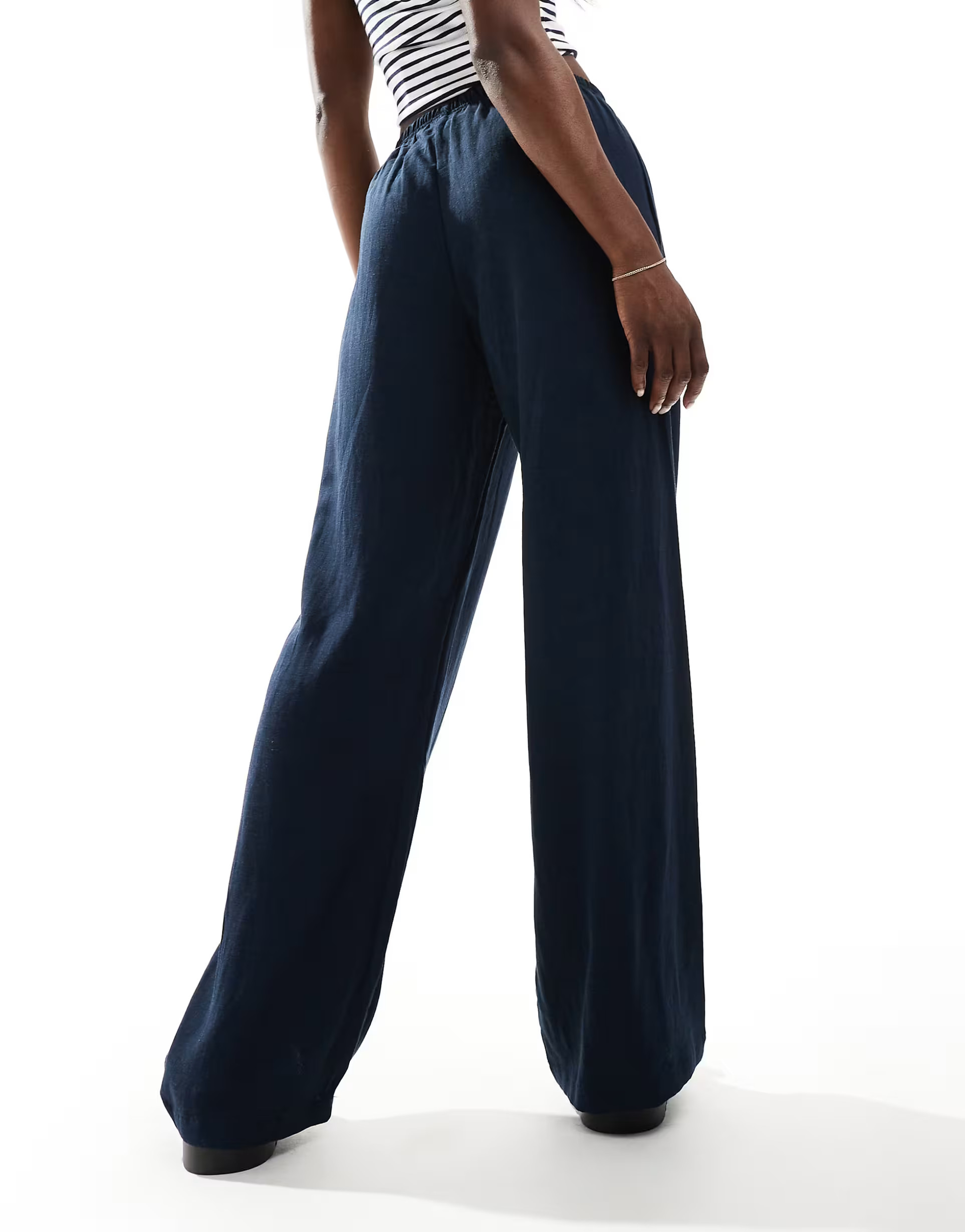 Bershka tie waist wide leg linen pants in navy | ASOS | ASOS (Global)