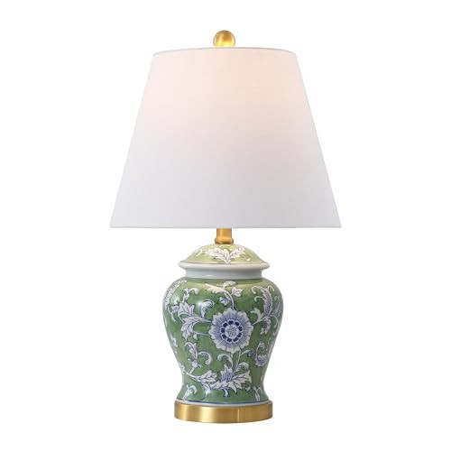 JONATHAN Y 22" Green/White Ceramic Table Lamp, French Country Chinoiserie Ginger Jar LED Bedside Lamp for Living Room Bedroom, White Linen Shade (JYL3005E) | Amazon (US)