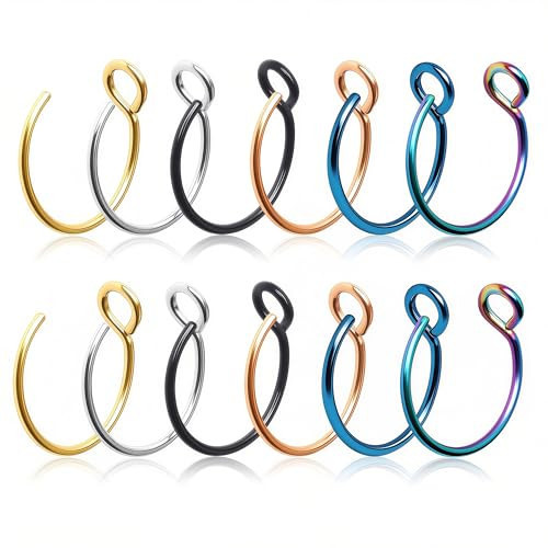 12PCS Fake Nose Ring Hoop, Fake Clip On Nose Ring Hoop, Non Pierced Septum Ring Clip on Lip Rings, Nose Piercing Jewelry Fake Piercings Septum Lip Double Hoop Nose Ring Hoop (Gold, Black, Rose Gold, Silver, Blue, Rainbow) | Amazon (US)