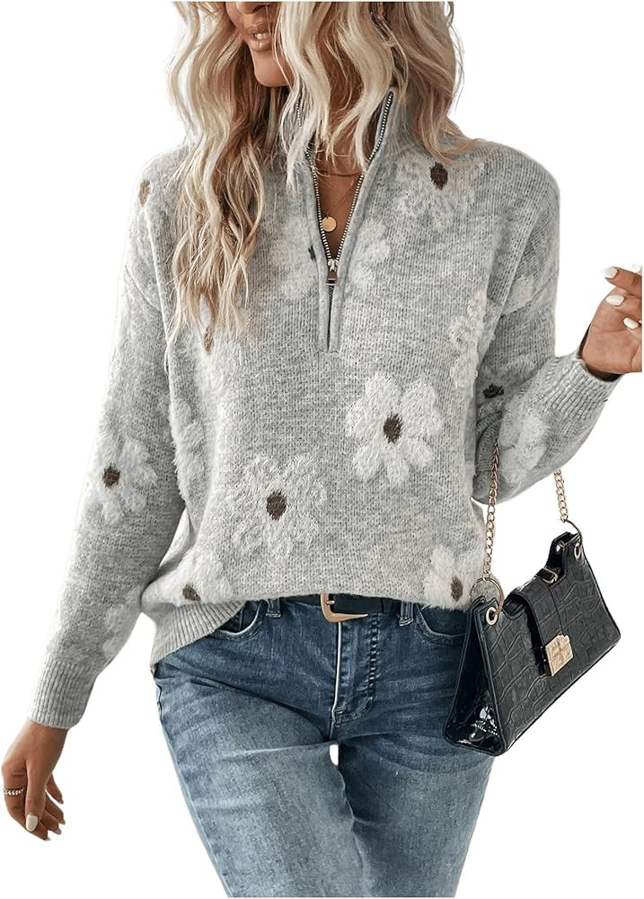 SOLY HUX Women's Quarter Zip Floral Sweaters Long Sleeve V Neck Casual Pullover Going Out Sweater... | Amazon (US)