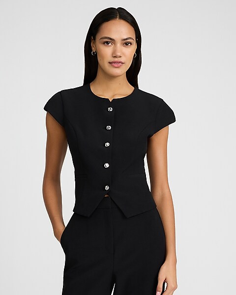 Studio Stretch Twill Novelty Button Short Sleeve Tailored Top | Express