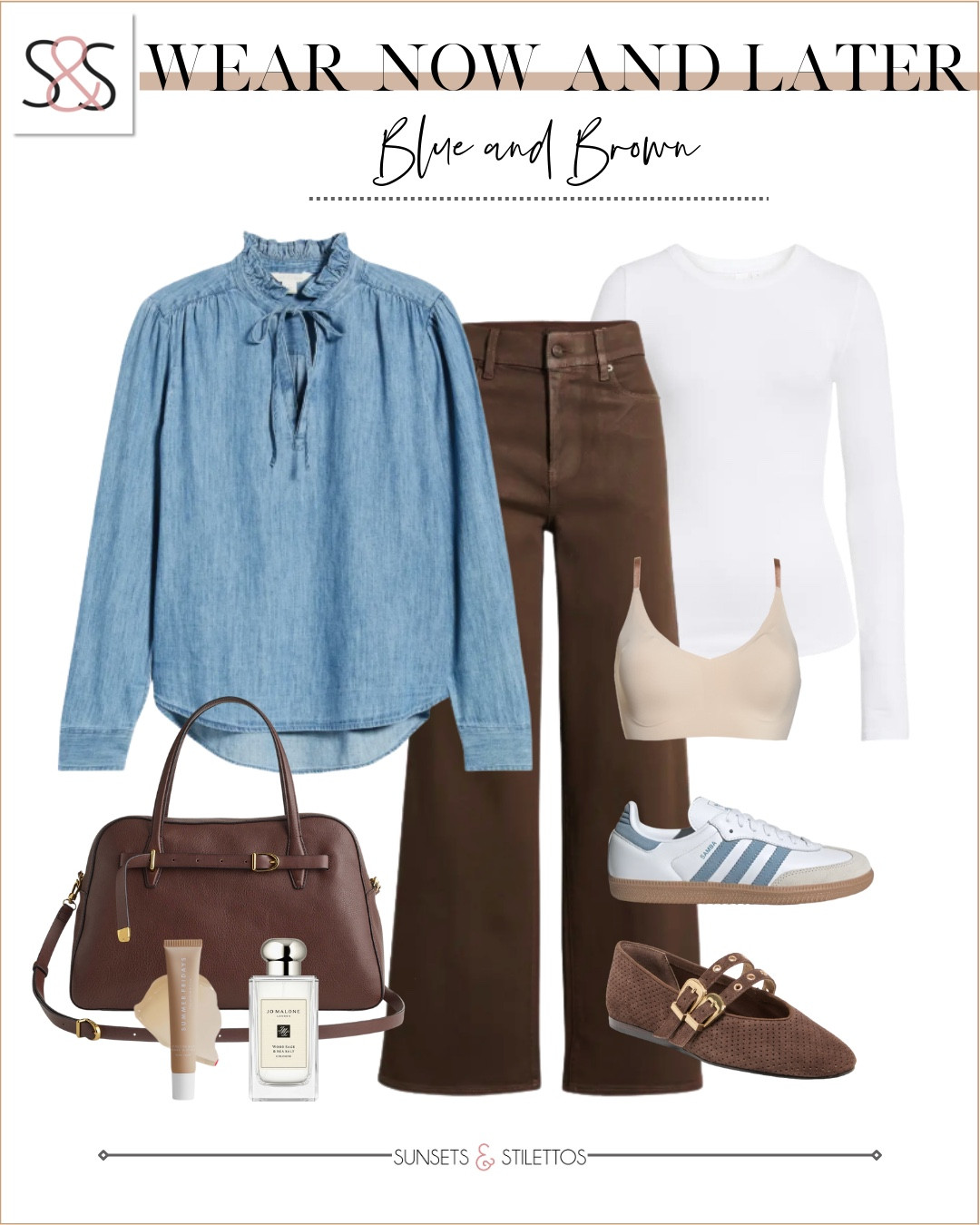 This is one of those outfits that works right now and still feels perfect when the weather warms up. The chambray top with brown pants is an easy combo that always looks polished but relaxed.

spring outfit ideas women, wear now wear later outfit, blue and brown outfit women, chambray shirt spring outfit, casual spring capsule wardrobe, neutral spring outfits women, everyday spring style, transitional spring outfits

#LTKdayinmylife #LTKWorkwear #LTKOver40