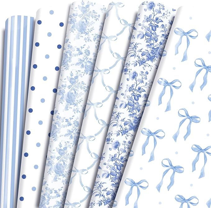 Keluna Blue Bow Gift Wrapping Paper - 12 Pcs Cute Bow Chinoiserie Art Design Gifts Wrap Paper For... | Amazon (US)