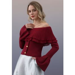 Off-Shoulder Double-Layered Pleated Spliced Knit Top in Red | Chicwish