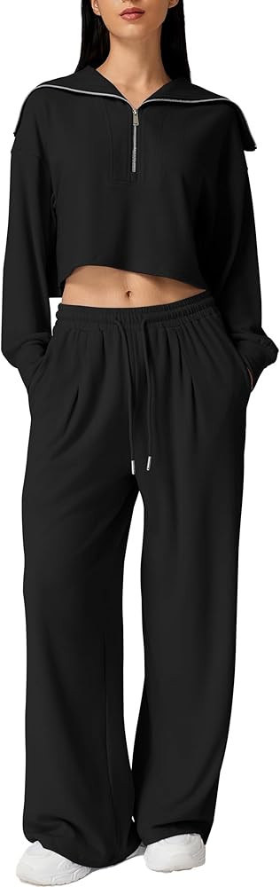 QINSEN Women Cozy 2 Piece Lounge Matching Set Wide Leg Sweatpants Half Zip Crop Sweatshirt Outfit... | Amazon (US)