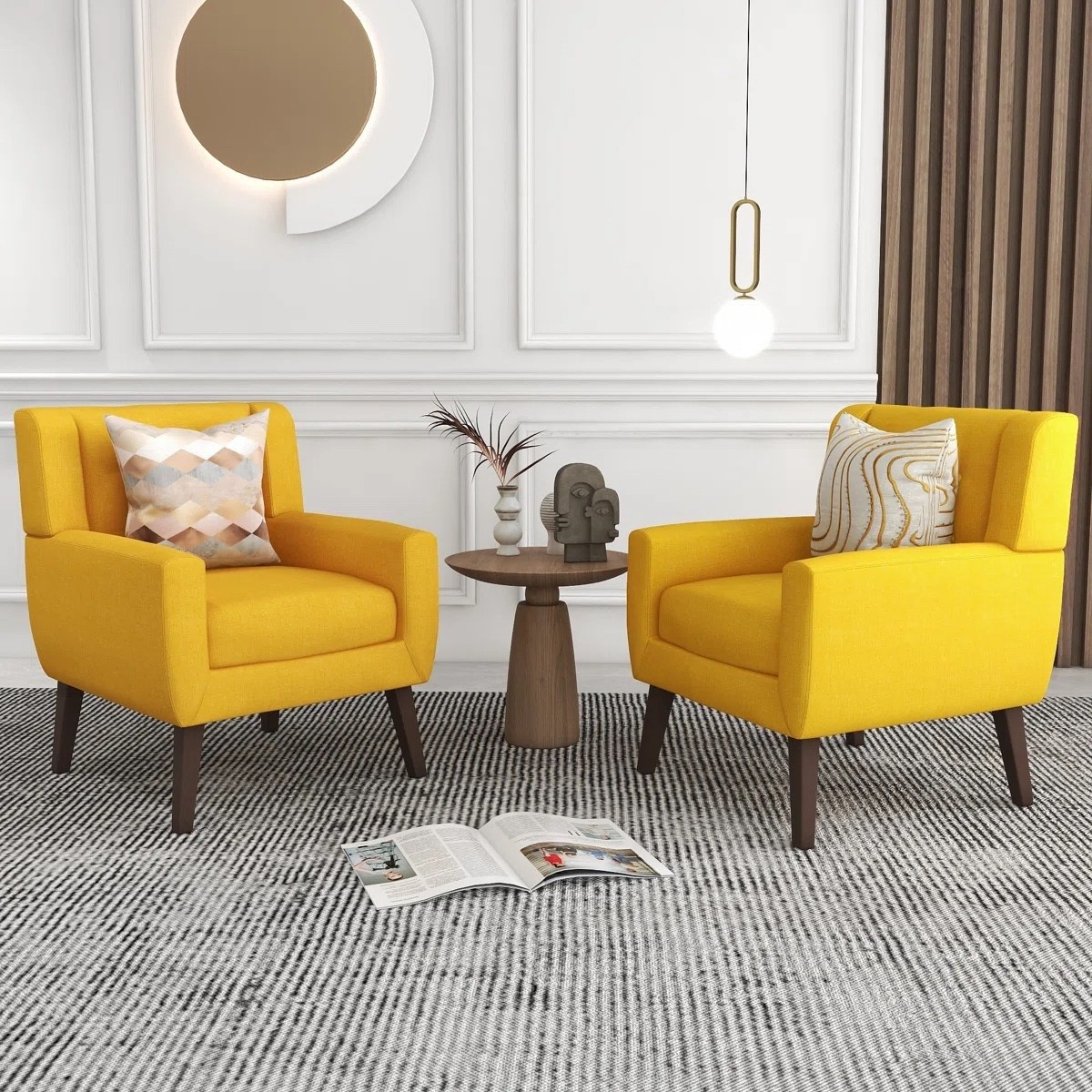 These yellow accent chairs instantly energize the room and pair perfectly with the neutral textured rug and warm wood side table. Such a fun mix of modern color and cozy earth tones. Shop this at early black Friday deals at Wayfair. More colors available #homedecor #accentchairs #livingroomstyle #colorpopdecor
