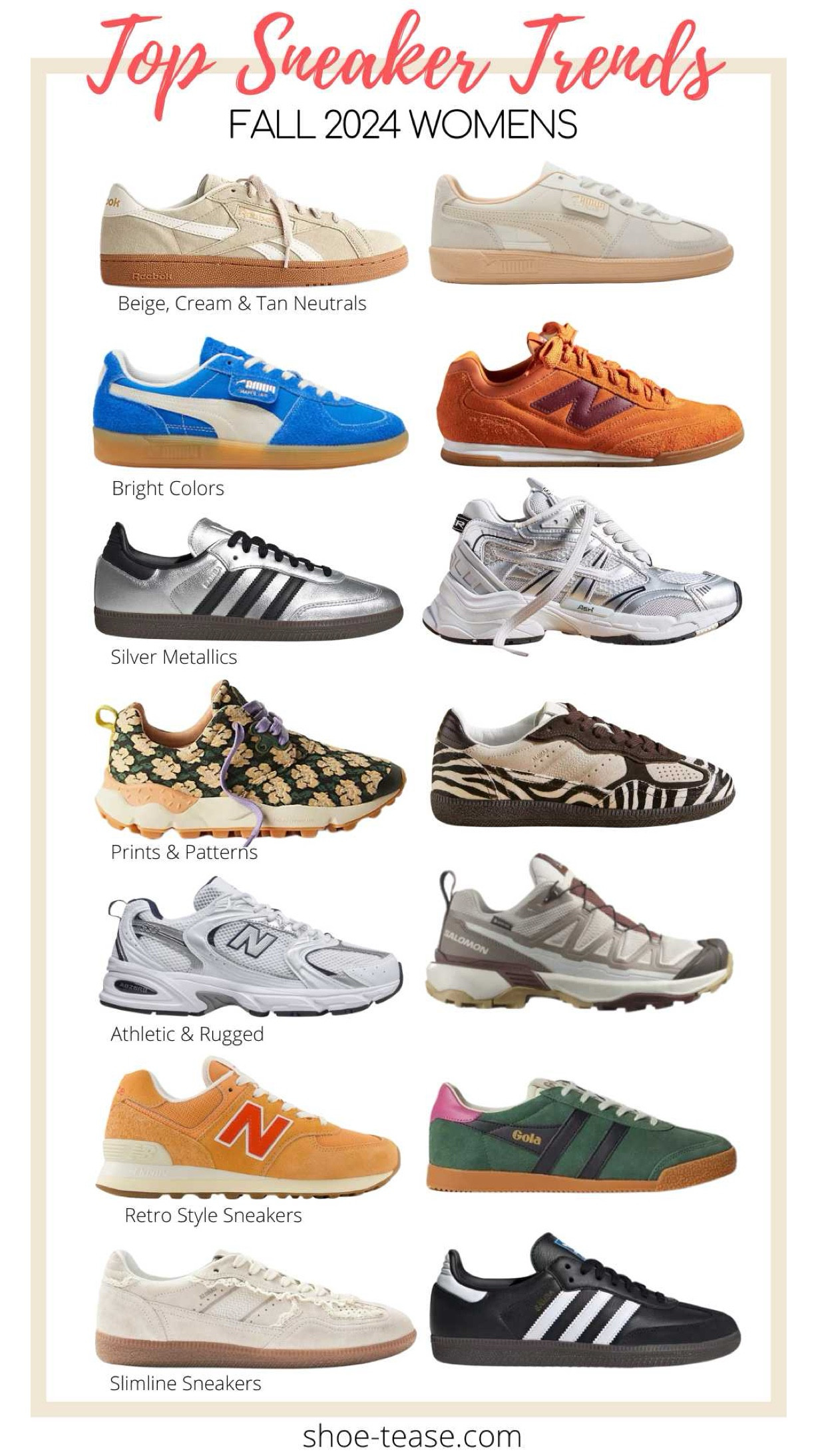 All the top sneaker trends for women for fall 2024 includes slimline sneakers, chunky sneakers, hiker, sneakers, gum, sneakers, retro style sneakers, silver sneakers, burgundy, sneakers, neutral, sneakers, animal, print sneakers  

#LTKShoeCrush #LTKSeasonal