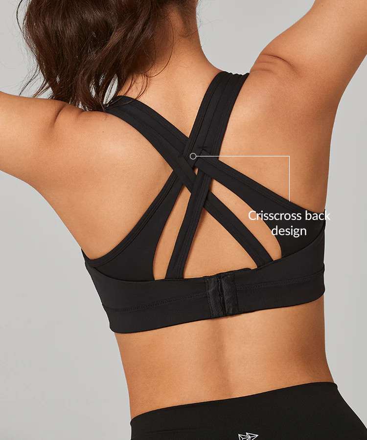Power Cross Back Padded Running Bra | Women's High Support Sports Bra - Black / S+(34D-F) - Yvett... | Yvette Sports Development