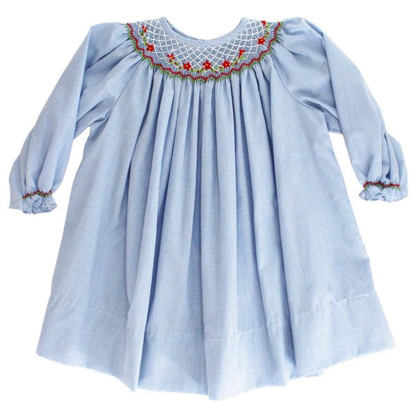 Blue Microcheck w/ Red Embroider- Bishop Dress | The Bailey Boys