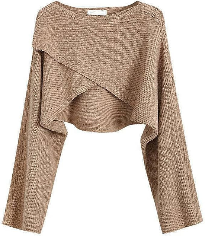 Women's Boat Neck Sweater Long Sleeve Cross Wrap Asymmetrical Hem Knit Sweater Loose Cropped Pull... | Amazon (US)