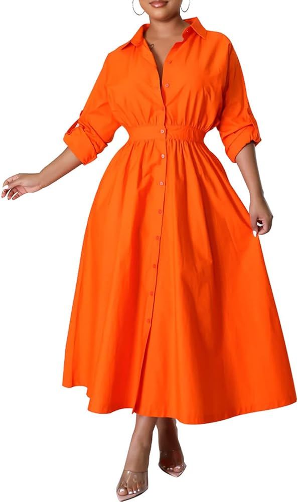 Button Down Shirt Dress for Women Lapel V Neck Elastic Waist A-Line Dress Long Sleeve Cocktail Ma... | Amazon (US)