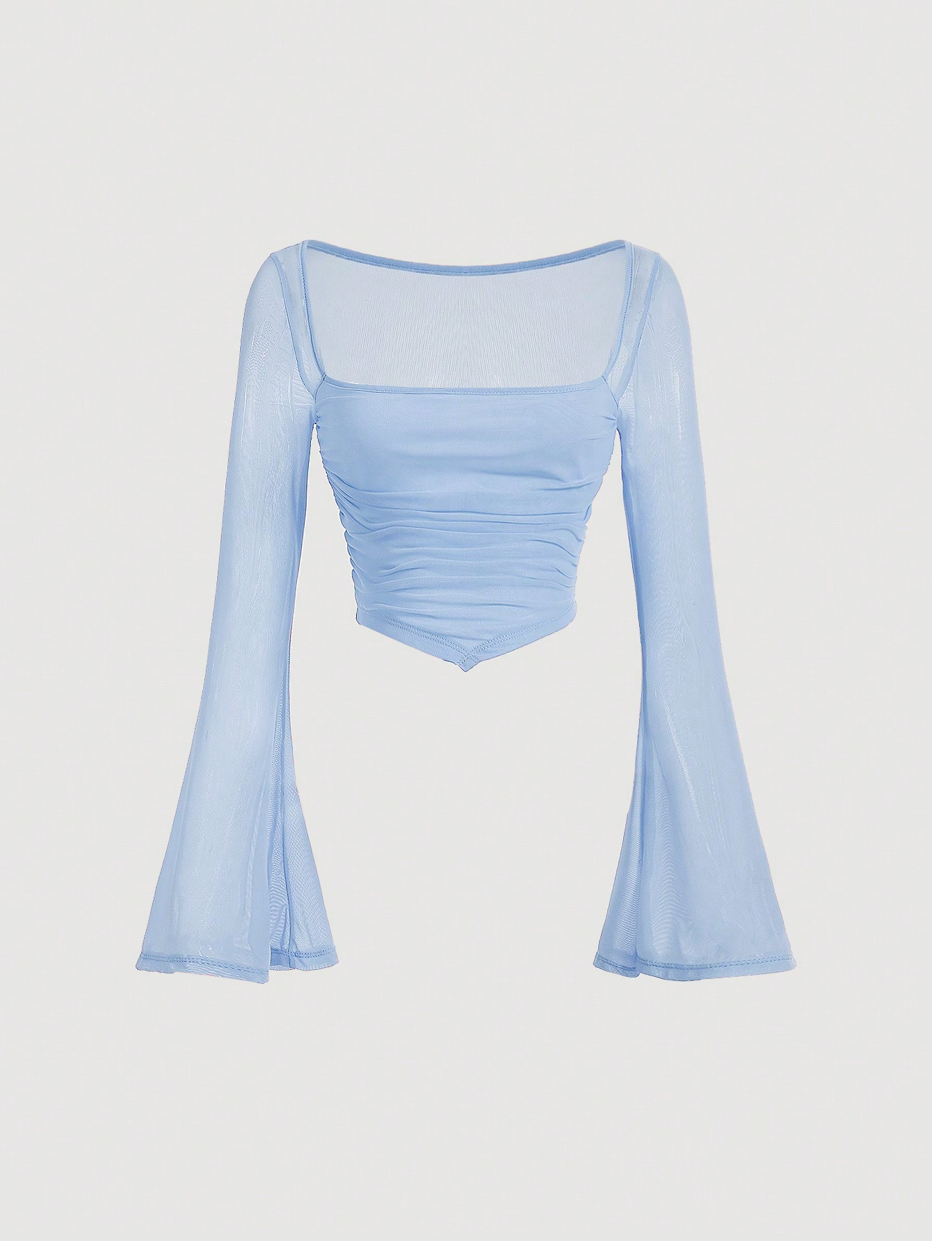 SHEIN MOD Romantic Blue Square Neck Trumpet Sleeve Ruched Hanky Hem Tee | SHEIN