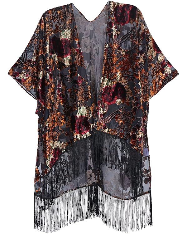 MJ SERECA Women's Burnout Velvet Kimono Cardigan Cover Up with Tassel | Amazon (US)