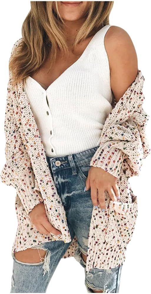 Women Cardigan Sweater Colorful Dot Sweater Cable Knit Cardigan Long Sleeve Open Front Sweater Ou... | Amazon (US)