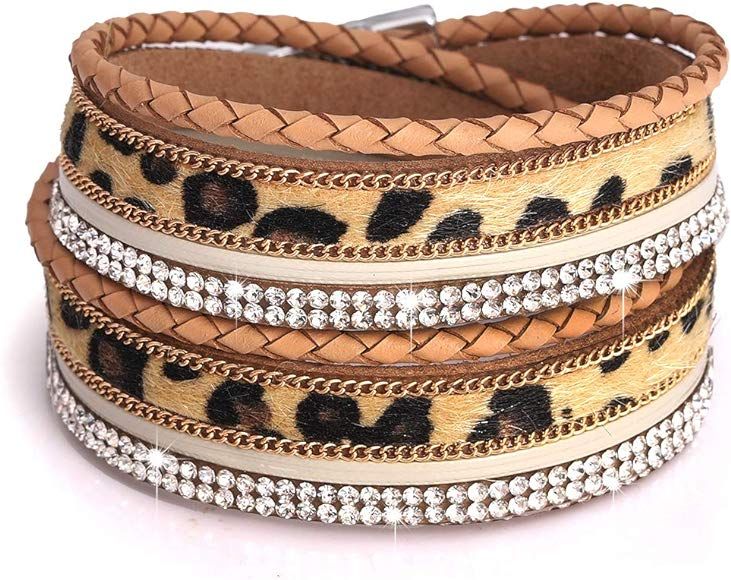 Leather Wrap Bracelet for Women Crystal Wide Cuff Bracelets Multi-Layer Leopard Bangles Wristband... | Amazon (US)
