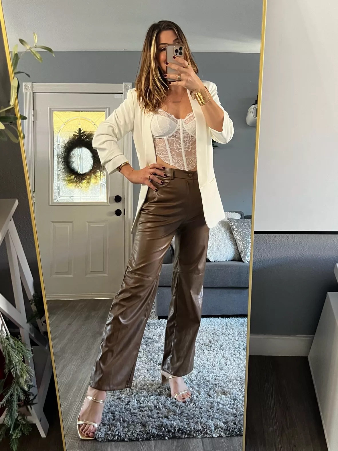 White blazer and leather trousers outfit  Leather trousers outfit, White  blazer, Trouser outfit