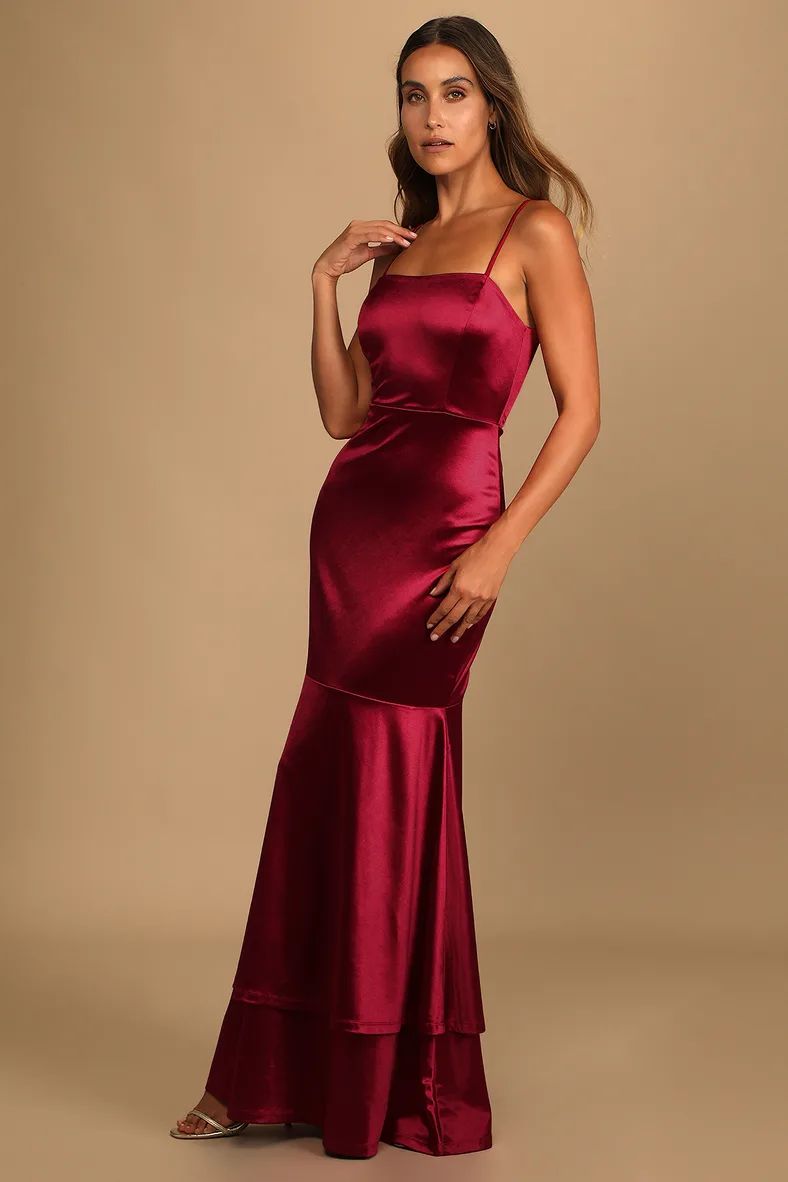 Contemporary Romance Red Satin Tiered Mermaid Maxi Dress | Lulus