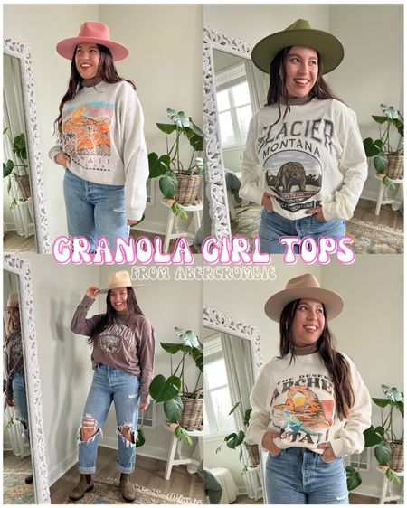 Granola girl tops / Abercrombie graphic tees & sweatshirts. Hiking outfits. National parks design. Lack of color wool hats. Blundstone outfit.  Agolde 90s jeans. Outdoorsy style. 

#LTKtravel #LTKsalealert #LTKFind