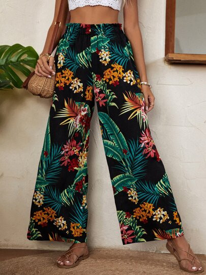 Tropical Print Paperbag Waist Wide Leg Pants | SHEIN