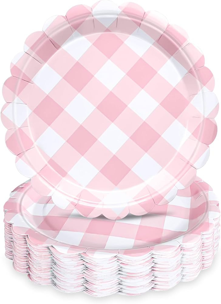 48 Pcs 7" Pink Gingham Paper Plates Light Pink & White Scalloped Checkered Party Plates, Pastel P... | Amazon (US)