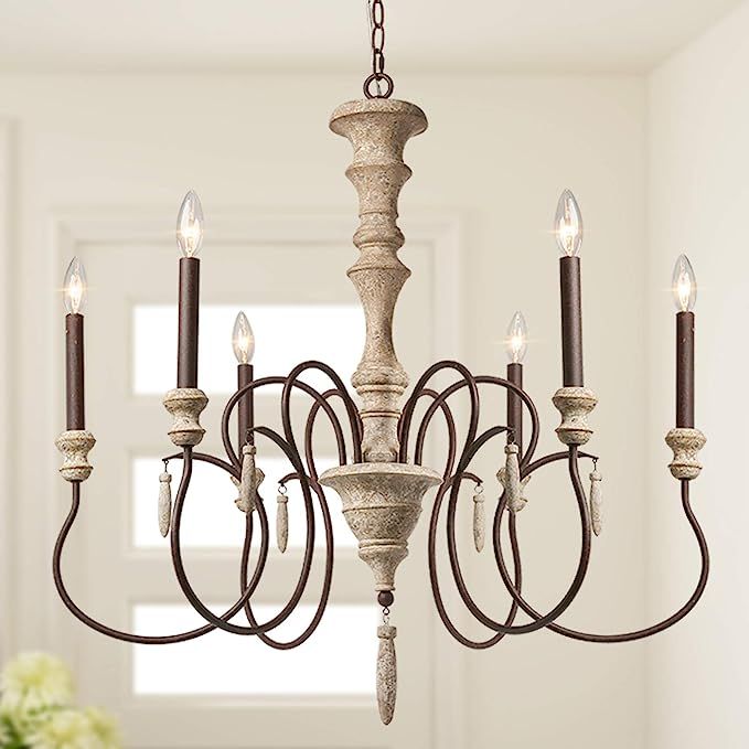 LALUZ Farmhouse Chandelier, French Country Chandelier for Dining Room, 6-Light, Handmade Distress... | Amazon (US)
