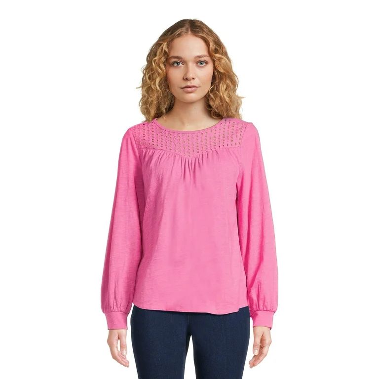 Time and Tru Women's Eyelet Top with Long Sleeves, Sizes XS-XXXL | Walmart (US)