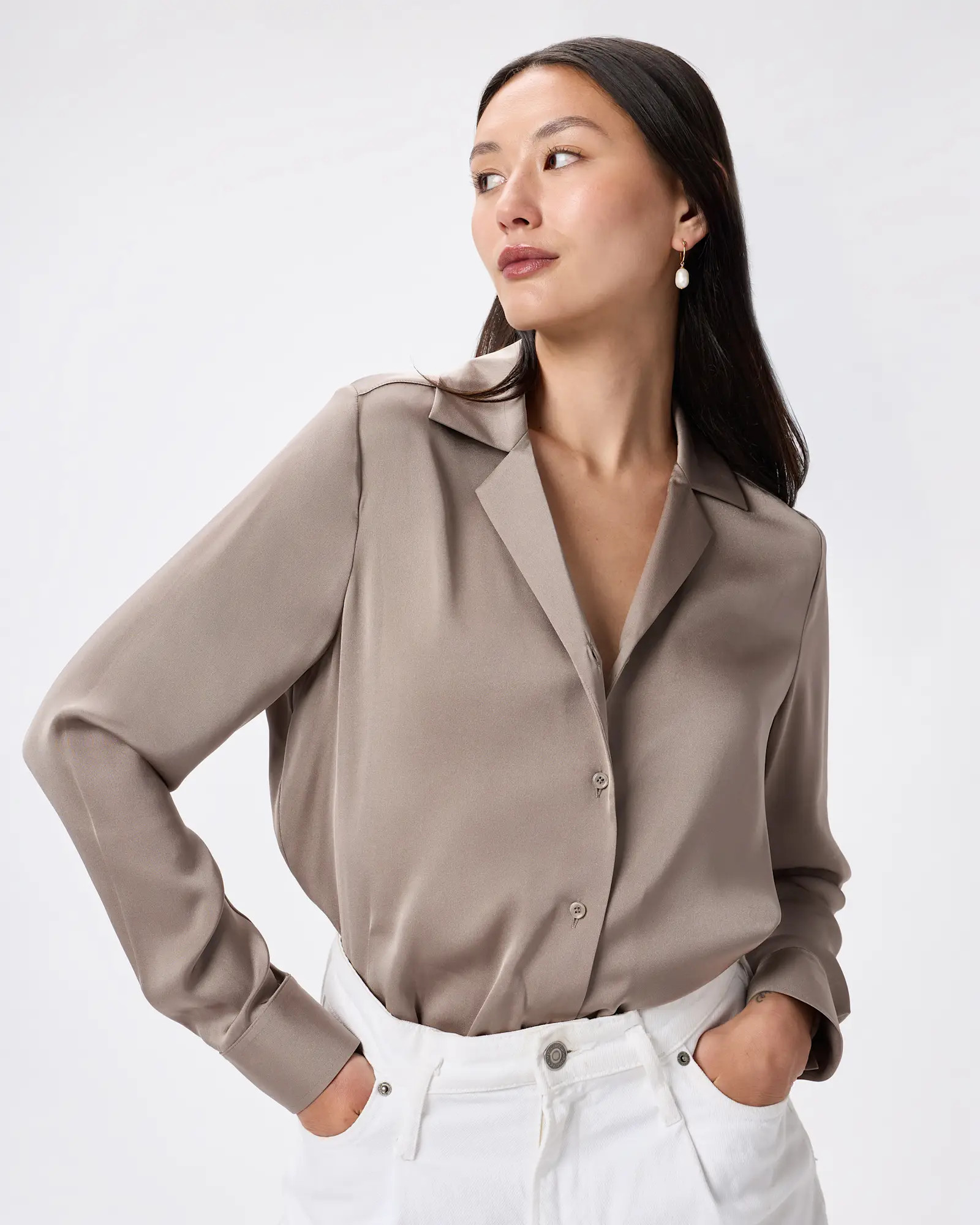 Washable Stretch Silk Notch Collar Blouse | Quince in Morel Grey | Quince