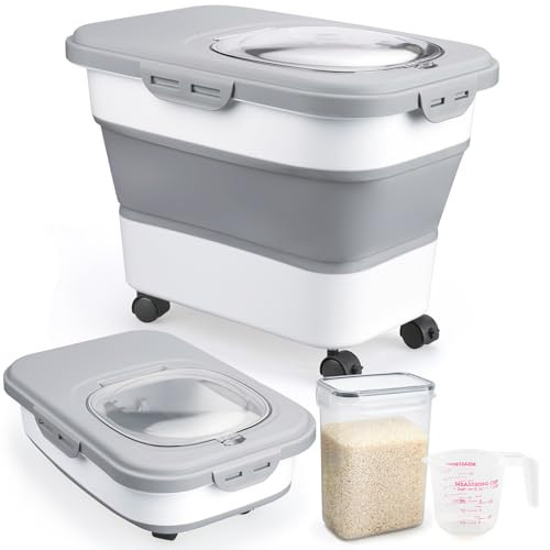 Komzon Rice Storage Containers, Collapsible 20 to 30Lbs Food Storage Bin Dispenser with Rolling Wheel and Clear Airtight Lid, BPA Free Flour, Sugar, Cereal and Dog Cat Pet food Containers | Amazon (US)
