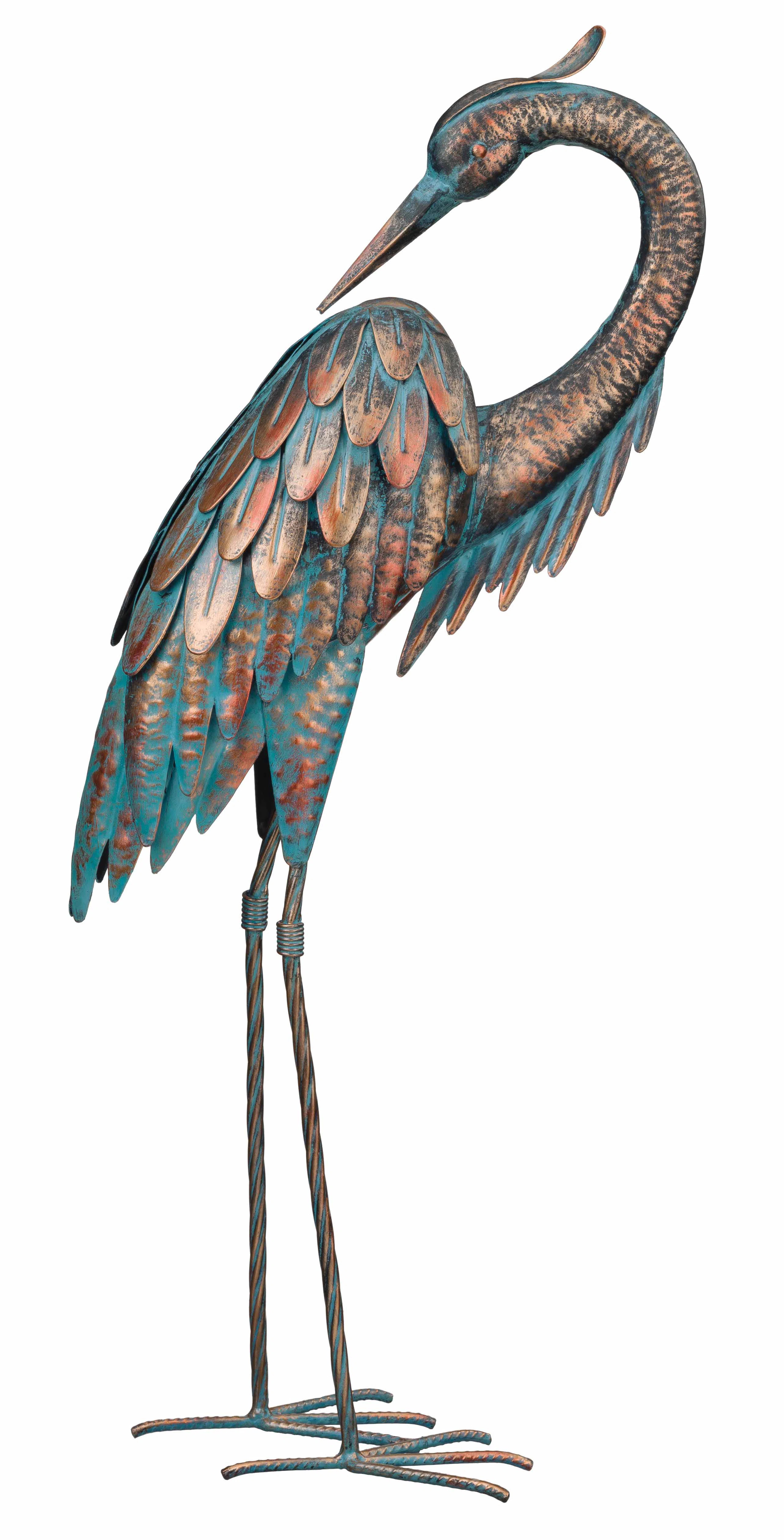 25 Inch Tall Preening Crane Metal Garden Statue with Verdigris Multi Color Weather Resistant Fini... | Wayfair North America