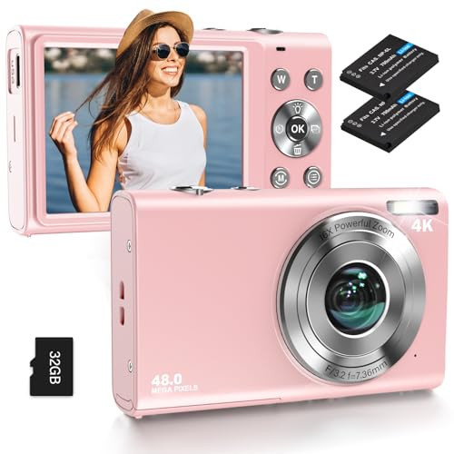 Pink 48MP 16X Zoom UHD 4K Vlogging Camera with 32GB Card - Anti-Shake, Compact Point Shoot for Teens & Adults | Amazon (US)