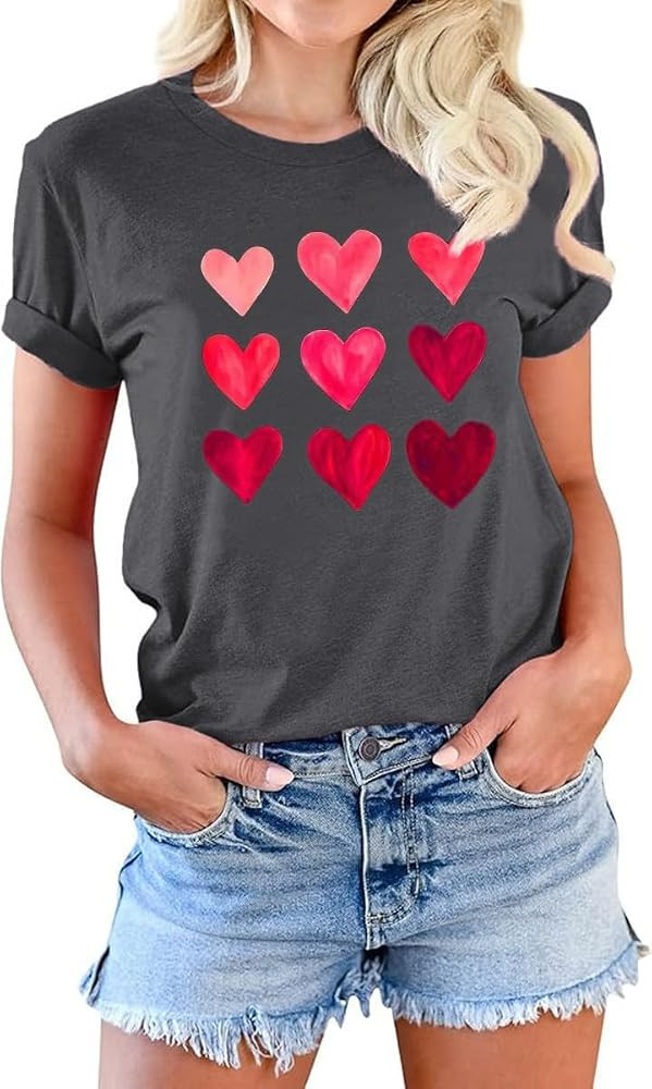 Valentine's Women's Wife's Day Graphic Tees Short Sleeve Heart Printed Shirts Blouse Tops | Amazon (US)