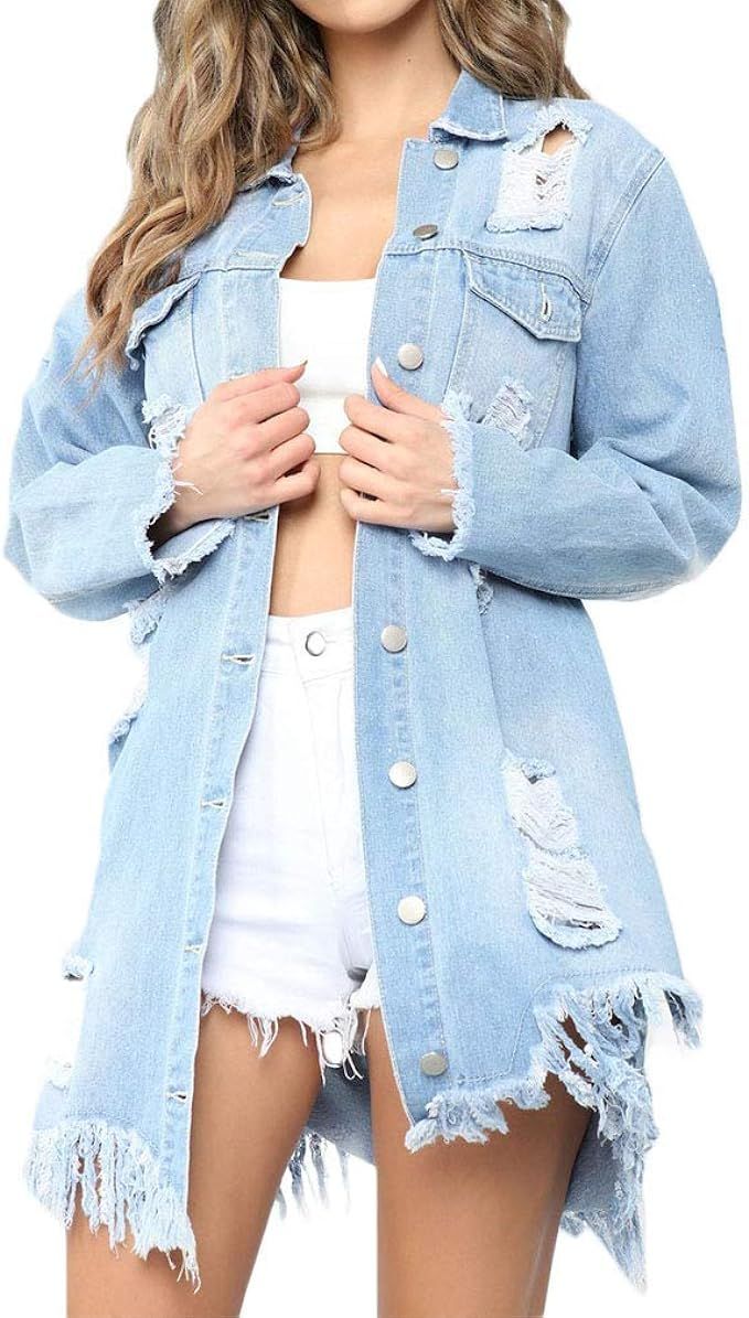 Women Denim Jacket Long Sleeve Lapel Button Down Ripped Jeans Jacket Coat Plus Size | Amazon (US)