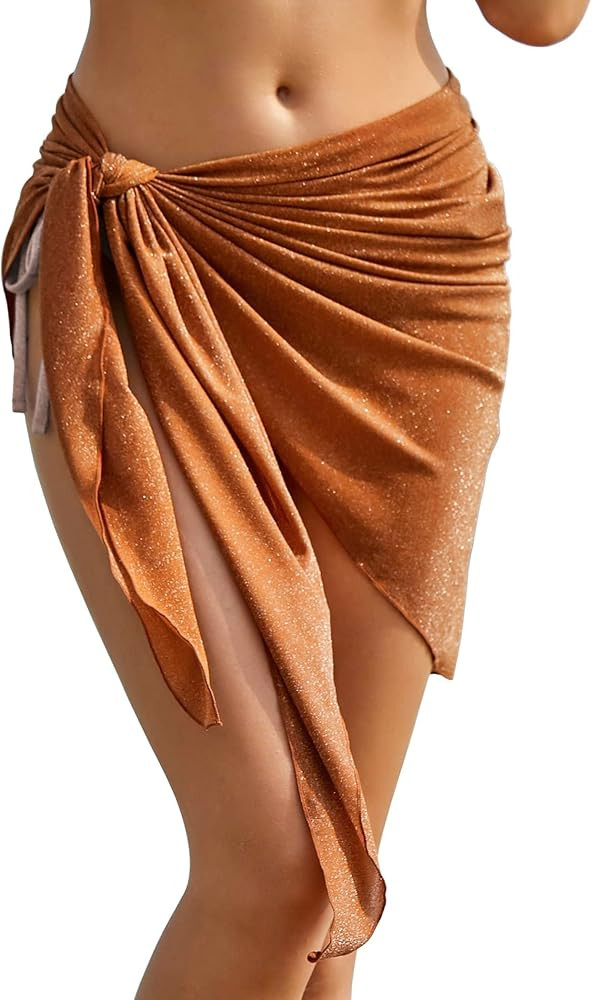 ZAFUL Metallic Shiny Short Sarong Coverups for Women Semi Sheer Bathing Suit Wrap Swimsuit Skirt ... | Amazon (US)