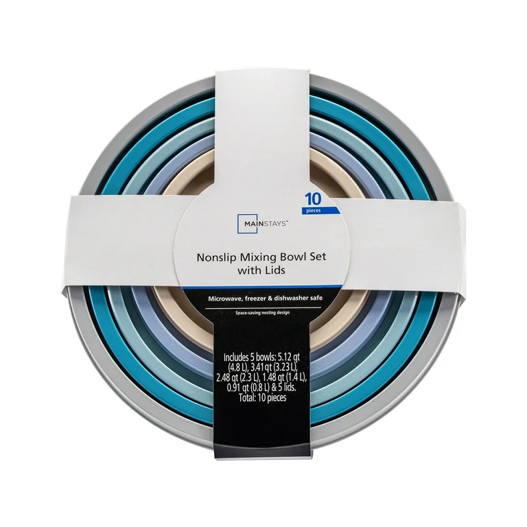 Mainstays 10-Piece Nonslip Nesting Plastic Mixing Bowl Set with Assorted Lids | Walmart (US)