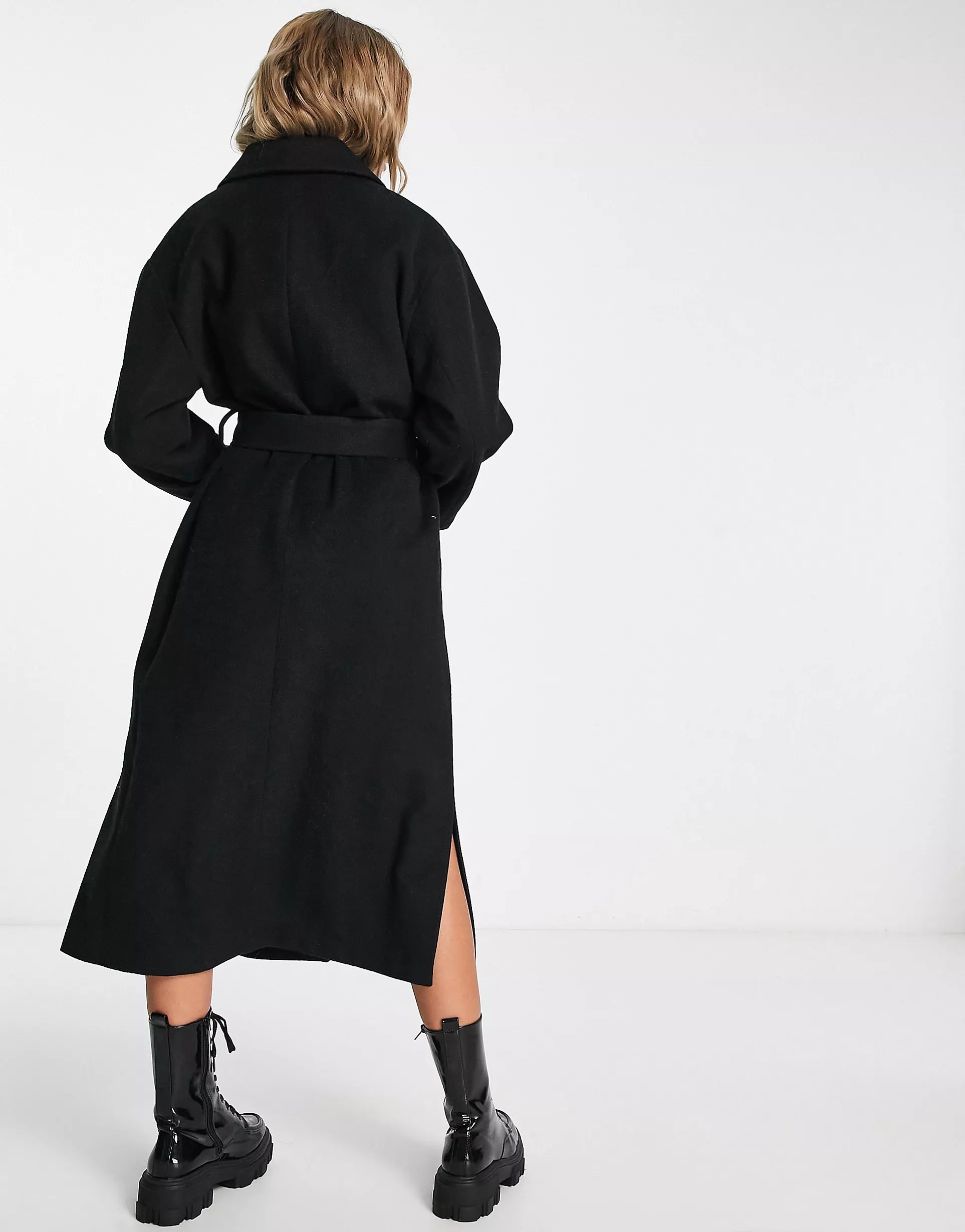 Monki belted wool blend double breasted coat in black | ASOS (Global)