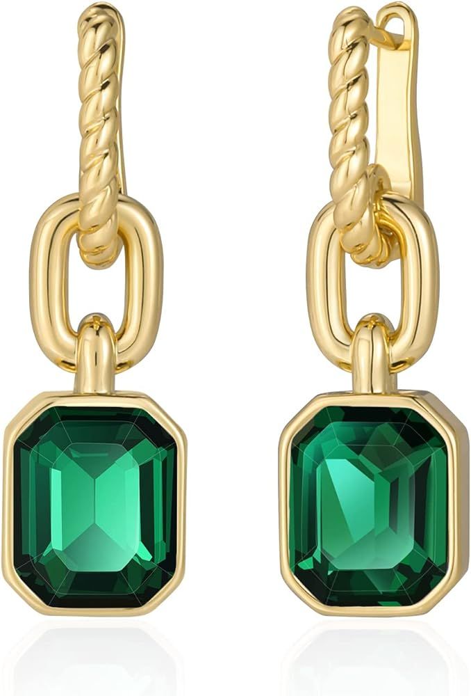 Mesovor Gold Crystal Hoop Earrings for Women Trendy, 18K Gold Plated Hoop Earrings | Emerald Gree... | Amazon (US)