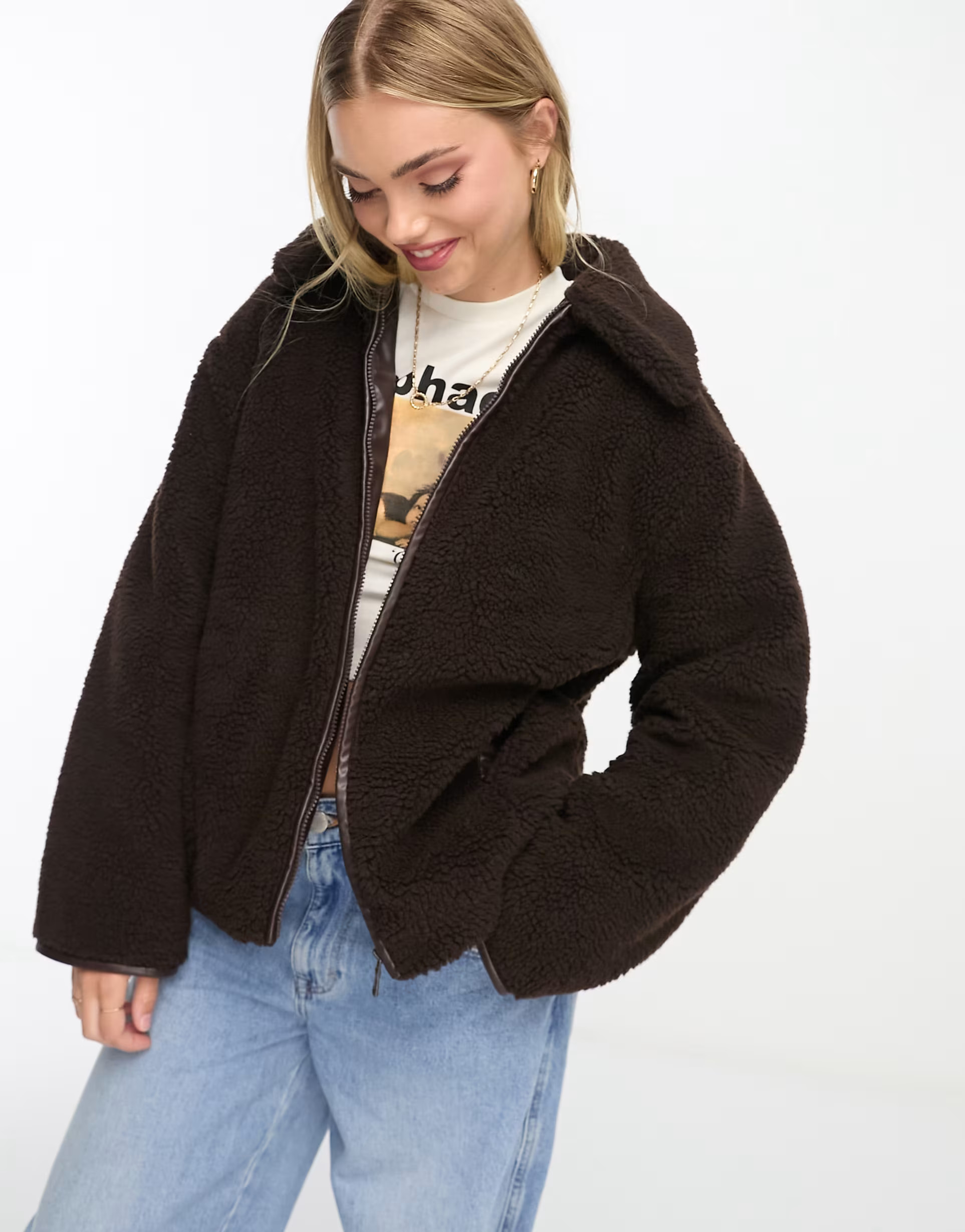 ASOS DESIGN fleece jacket with collar and pu trim in chocolate | ASOS (Global)