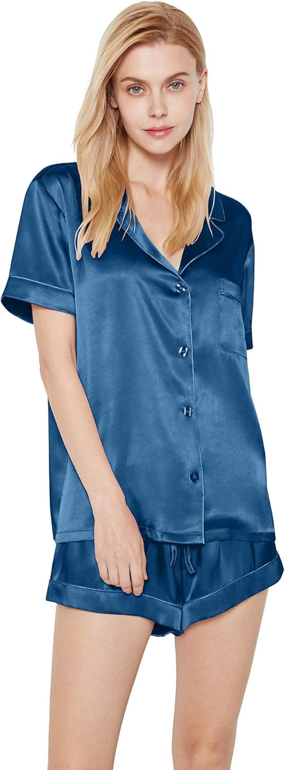 SIORO Women Pajamas Sets Satin Short Sleeve Silk Pajamas for Women, Button Down Sleepwear Soft Pj... | Amazon (US)