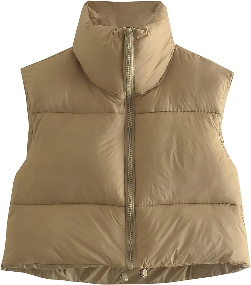 American Trends Women Cropped Puffer Vest Winter Sleeveless Puffer Jackets Full Zip Stand Collar Lig | Amazon (US)