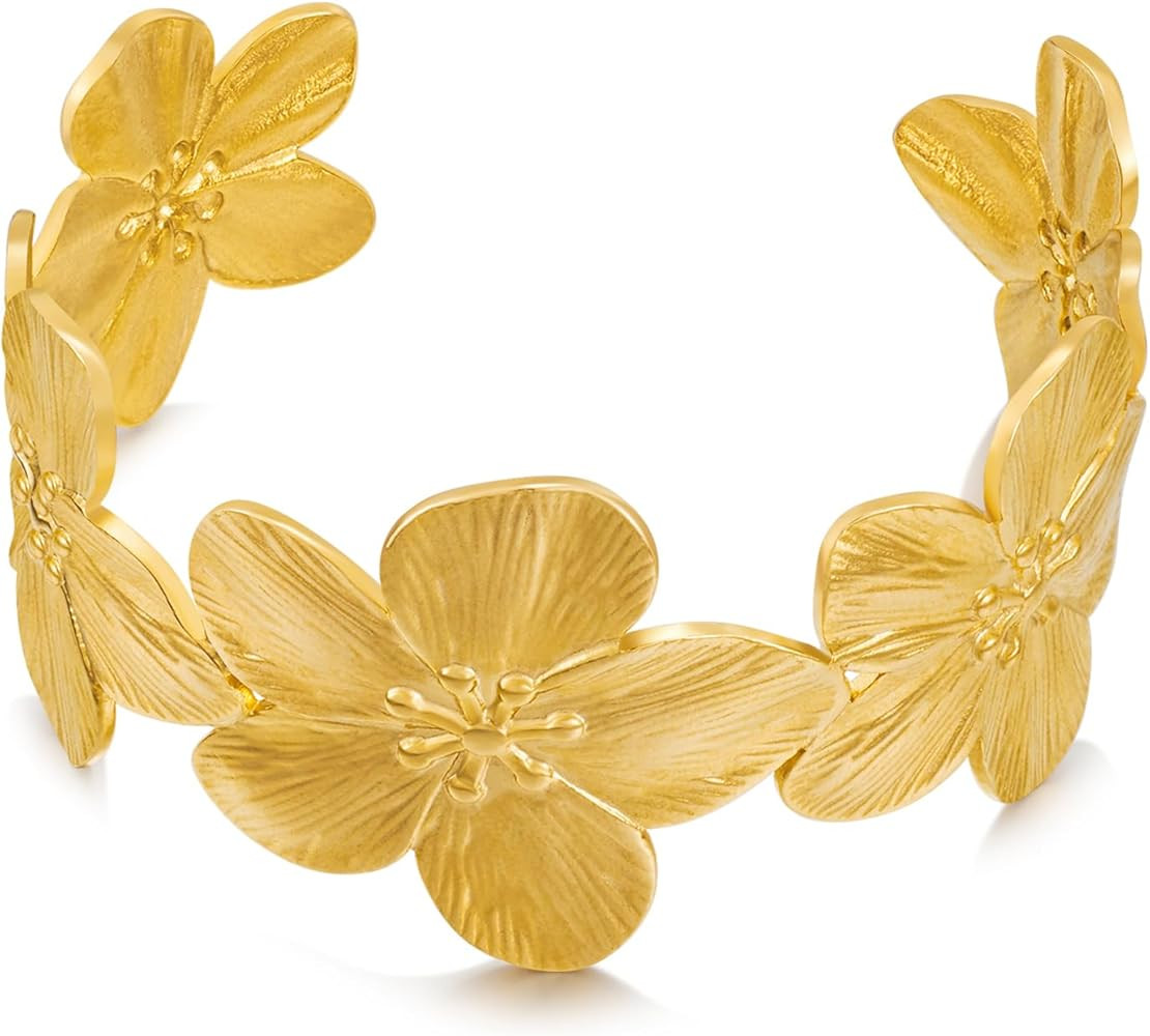 Gold Bracelets for women With Classic Floral Spring Flower Cuff Bracelets Elegant Adjustable Cora... | Amazon (US)