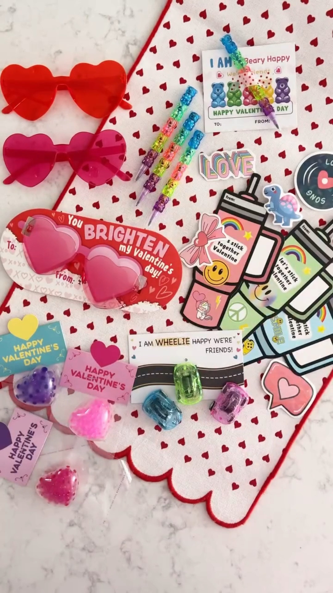 5 Non-Food Class Valentines (part 1)! Cute and easy classroom valentine gifts I found on Amazon! These sets all come with a fun little classmate gift and cute classroom valentine cards. They also include sealable bags, tape, ties, etc - really everything you need to easily put together the cutest classroom valentines!

1. Water tumbler cards and so many fun stickers for water bottles / notebooks. (A FAVE- sold out last year!)
2. Gummy Bear Colored pencil stack
3. Pull-Back Race Cars (looks like these sold out, I’ll link some similar!) 
4. Squishy Hearts 
5. Valentine Heart Glasses
🩷
🩷
🩷
#classvalentines #valentinegifts #classgifts #schoolvalentines #valentinesideas #valentineinspo #classmategifts #valentinesday #valentinesgift #valentinesclass #valentines#valentinesclassgifts #classgiftideas #amazonfinds #valentines #kidsvalentines

#LTKSeasonal #LTKKids