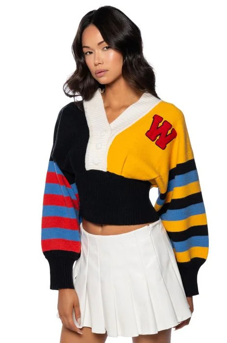 VARSITY STRIPES BUTTON DOWN SWEATER in black multi | AKIRA
