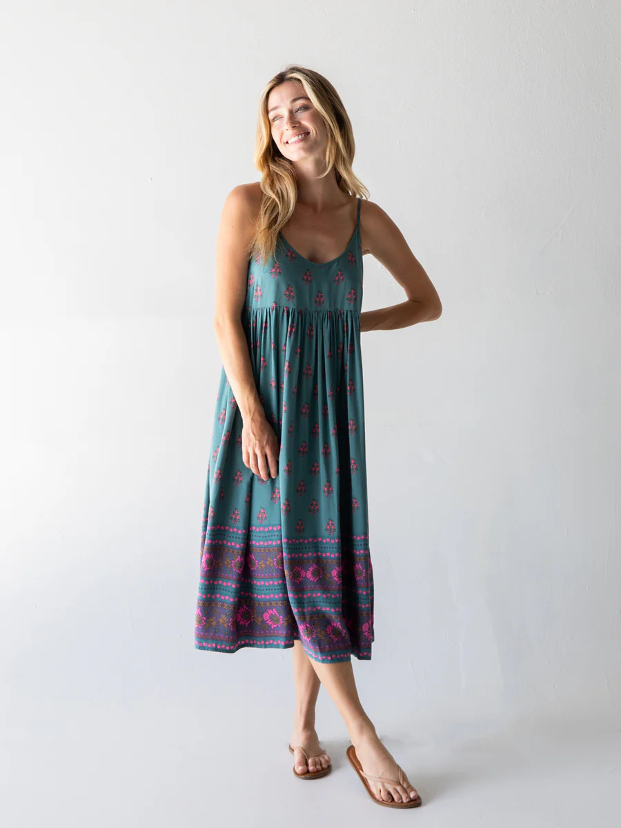 Gigi Midi Dress - Teal Floral Border | Natural Life
